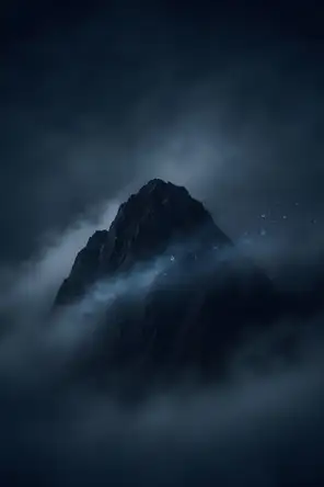 Dark elemental photograph: a solid dark peak in a sea of dusk fog, one fog current dissolving into faint teal marks as it streams past.