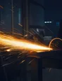 Motion photograph: an angle grinder cutting steel in a dim workshop, a long arc of sparks thrown across the frame