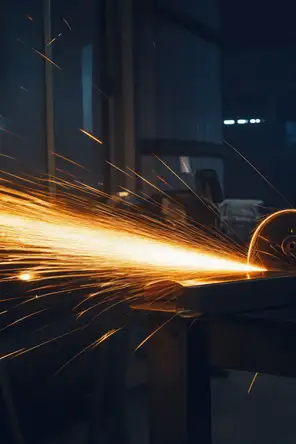 Motion photograph: an angle grinder cutting steel in a dim workshop, a long arc of sparks thrown across the frame