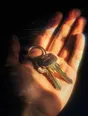 Prism-light photograph: A set of keys resting in an open palm, hard sun across the skin and the cut metal.