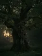 Dark green cinematic photograph: an ancient storm-scarred oak in full green leaf, low gold evening light through the haze.