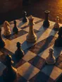 Film photograph: a marble chessboard outdoors at golden hour, the queen standing tallest among scattered pieces.