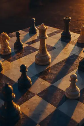 Film photograph: a marble chessboard outdoors at golden hour, the queen standing tallest among scattered pieces.