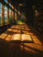 Painted anime scene: One open book alone in the middle of a long cleared library table, a single green-shaded lamp lit above it, the rest of the room soft.