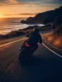 Motion photograph: a motorcycle leaning through a coast-road bend at golden hour, seen from directly behind