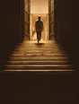 Struck-light photograph: tall doors standing open at the top of a lit stair at night, one person walking through, seen from behind