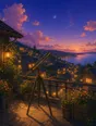 Painted anime scene: A brass telescope on a rooftop terrace aimed at the first star, potted plants, the town's windows warming below a vivid violet-blue sky.