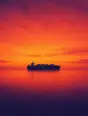 Grainy gradient illustration: An enormous cargo ship sitting still at anchor on a calm dawn sea, small against the sky.