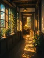 Painted anime scene: A study-room door standing open at the end of a wooden corridor, warm lamplight spilling out across the floorboards, late sun in the corridor windows.