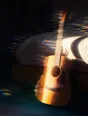 Prism-light photograph: A guitar leaning against the end of a bed, hard sun combing across the strings.