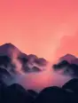 Grainy gradient illustration: A hot spring steaming gently among dark rocks in cold dawn air, pale rose sky above.