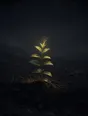 Dark elemental photograph: a single green sapling in a black ash field under one warm beam, its newest top leaves dissolving into small glowing marks.
