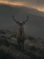 Dark green cinematic photograph: a stag standing calm on a hazy hillside, dawn gold rimming the ridge behind it.
