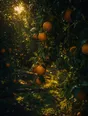 Film photograph: low morning light cutting through a citrus grove, dew glittering on leaves and fruit.