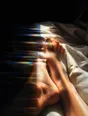 Prism-light photograph: Bare feet crossed at the ankle on a rumpled cotton duvet in hard sun.