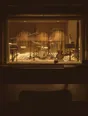 Struck-light photograph: a recording room seen at night through control room glass, the instruments left where they were played