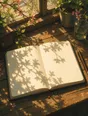 Painted anime scene: A brand-new notebook open to its first blank spread in strong cheerful sunlight, the shadow of blossom branches crossing the paper, a pen ready beside it.