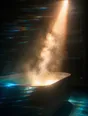 Prism-light photograph: Thick steam lifting off a full bath in a dark bathroom, one hard shaft of sun cutting through the vapour.