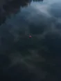 Dawn aerial photograph: one red mooring buoy on a glassy lake in blue-hour mist, seen from above.