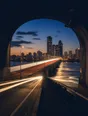 Motion photograph: a wide city bridge at dusk seen from the mouth of a tunnel, the traffic and the river both running hard