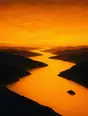 Grainy gradient illustration: A wide river running strong through dark rolling hills toward the horizon, seen from high above the valley, its whole surface bright with amber dawn color against the deep shadowed banks, the sun not visible, no boats.