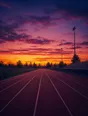 Film photograph: an empty running track at dawn, lane lines converging toward a magenta and gold sky.