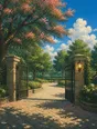 Painted anime scene: A park gate standing open under a blossoming tree, the path beyond leading in and sunlit, petals on the ground, a small lamp on the gatepost glowing.