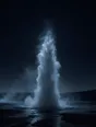 Dark elemental photograph: a geyser erupting at blue pre dawn, the highest reach of the steam plume dissolving into silver blue marks.
