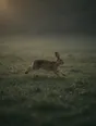 Dark green cinematic photograph: a hare mid-stride across an open dew-covered meadow, low dawn gold light.