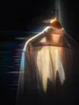 Prism-light photograph: A cotton shirt on a wooden hanger against a dark wall, sun driving through the weave from behind.