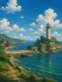Painted anime scene: The lighthouse on the harbor point standing bright and steady at blue noon, calm sea, big painted cumulus, its lamp room glinting.