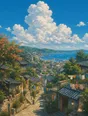 Painted anime scene: Towering cumulus building high over the town at noon, the streets below still fully bright and busy with color, laundry out, nothing darkened.