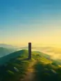 Grainy gradient illustration: A blank trail marker post on a green ridge, the path going on without us into morning haze beyond it.