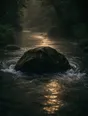 Dark green cinematic photograph: a clear stream turning around a large boulder, warm light waiting on the water downstream.