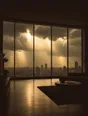 Struck-light photograph: a heavy storm breaking over a city beyond the full glass wall of a dark room