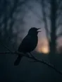 Dark green cinematic photograph: a blackbird singing on a bare branch in blue pre-dawn haze, one pale glow low on the horizon.