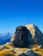 Grainy gradient illustration: A full hiking pack set down against a boulder on a high sunny ridge, huge clear blue sky beyond.
