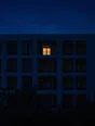 Film photograph: a dark apartment building at night with one single window lit warm under a deep indigo sky.