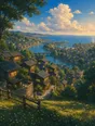 Painted anime scene: The whole town seen from the hill meadow at golden hour: roofs, harbor, river and sea in one warm view, windows starting to glow.