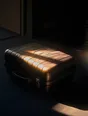 Prism-light photograph: A suitcase closed and latched on the floor of a dark room, sun combing across its textured shell.