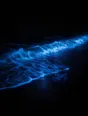 Dark elemental photograph: bioluminescent surf glowing electric blue on black sand at night, the newest wash rendering as small glowing marks.