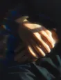 Prism-light photograph: Two hands clasped loosely together in a lap, hard sun across the knuckles and tendons.