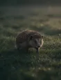 Dark green cinematic photograph: a hedgehog walking across open dew grass far from cover, pale gold light low across the ground.