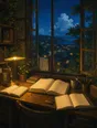 Painted anime scene: A study desk at night with the lamp making a generous warm pool over open books, the window full of a vivid star-filled cobalt sky and the lit town below, a mug steaming.