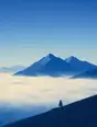 Grainy gradient illustration: Morning mist lying low and still in a valley, the hilltops clear and sharp in blue light above it.