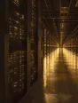 Struck-light photograph: a long aisle in a dark server hall, indicator lights running away down both sides and reflecting the length of the floor
