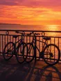 Film photograph: two bicycles leaning together against a seaside railing at golden hour, the sea gold and rose beyond.
