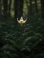 Dark green cinematic photograph: a single white lily standing straight among dark ferns, the pale bloom the only light.