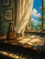 Painted anime scene: A metronome standing on a piano lid by an open window, morning light, sheet music as soft unreadable texture, curtains breathing.