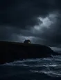 Dark elemental photograph: a lone house on a storm headland with one warm lit window, a sparse drift of silver marks inside one storm cell above.